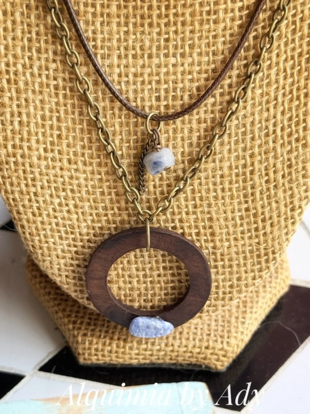 LAYERED LAPIS LAZULI Brown Wood Circle Necklace with Light Blue Stone